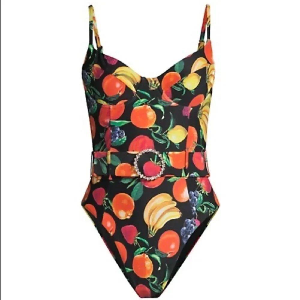 New We Wore What retro fruit print black one piece boho vacation swimsuit XS